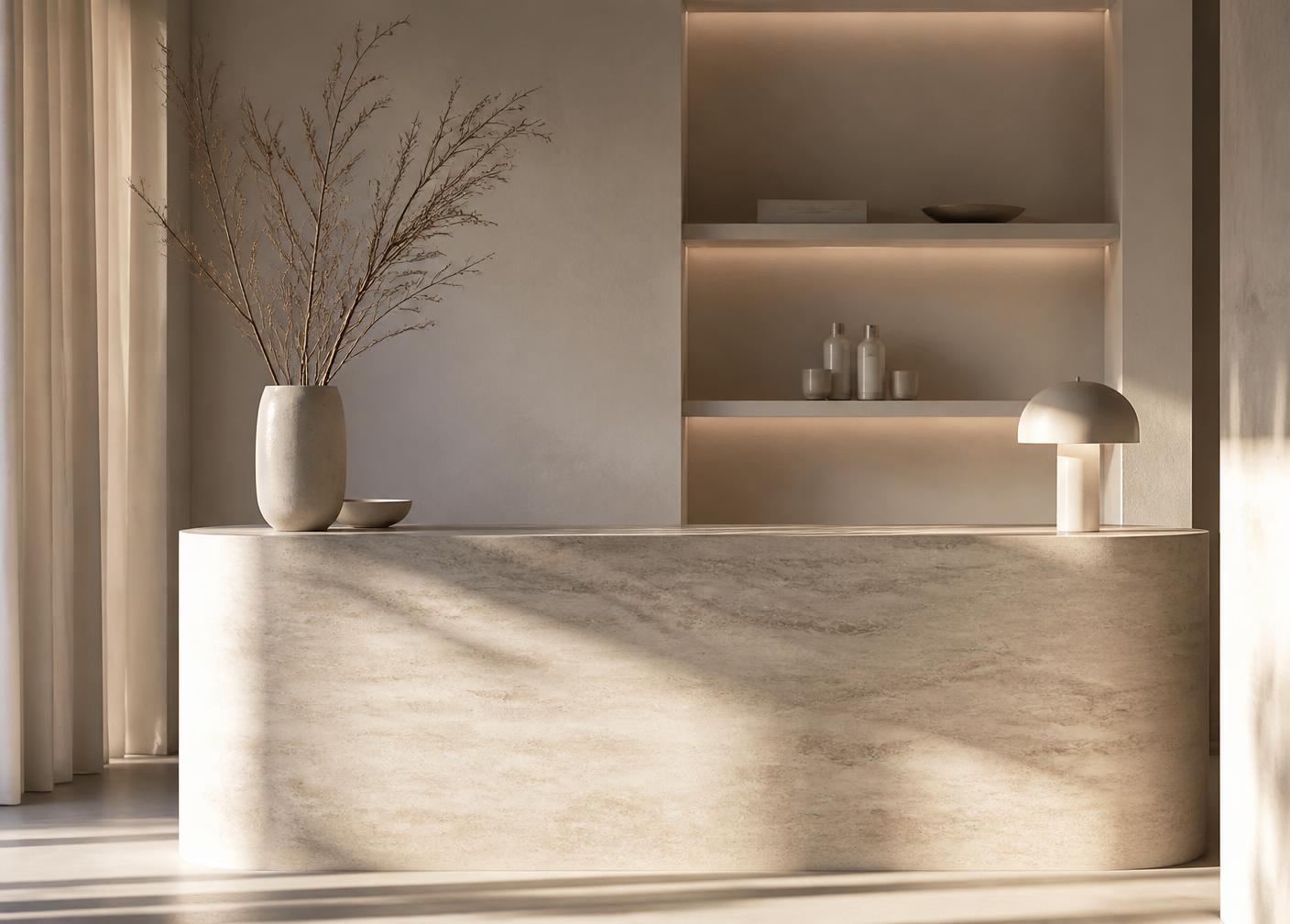 Minimal studio reception desk in warm stone with morning light